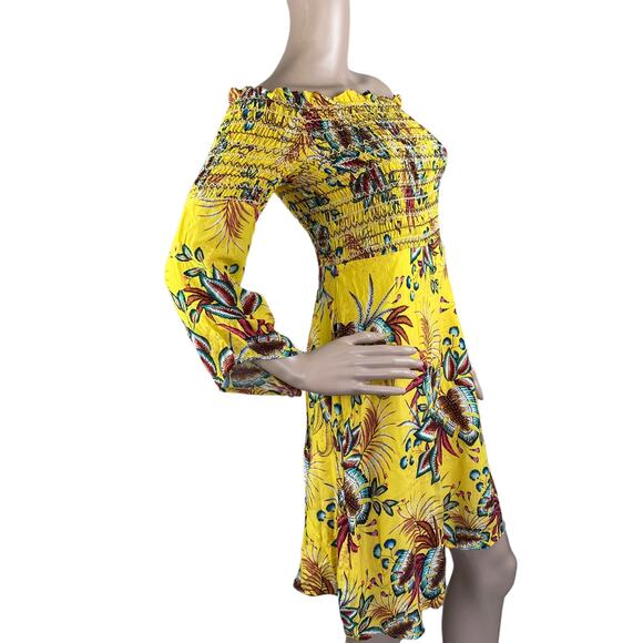 Farm Rio For Anthropologie Bria Yellow Floral Smocked Off The Shoulder Dress S - Picture 4 of 6